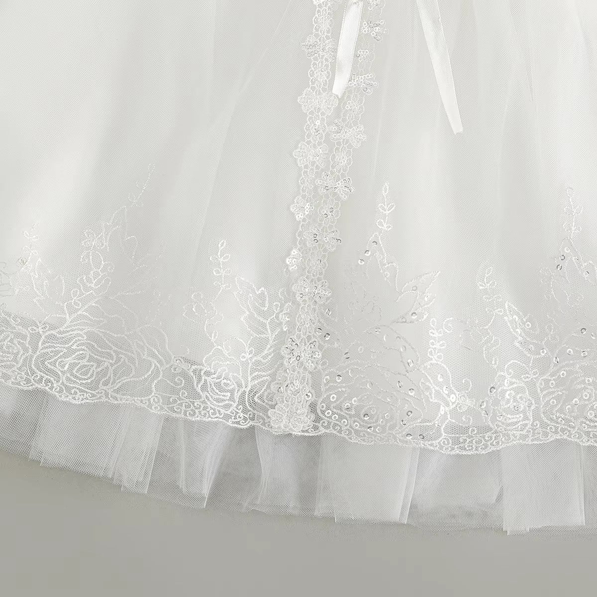 7951 Baby Girls White Sequin Lace Baptism Dress 3-24 Months Puff Sleeve Bow Tulle Christening Gown