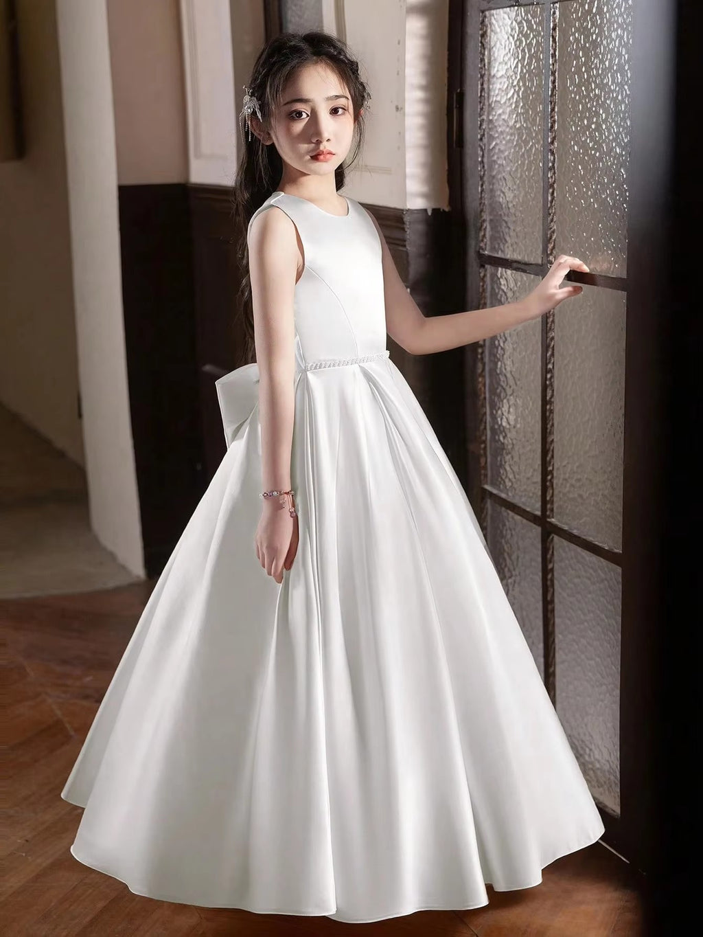 5168 Wholesale Satin White Princess Flower Girl Dress for 12 Years Old Kids Girls Wedding Graduation Party Black 14Y