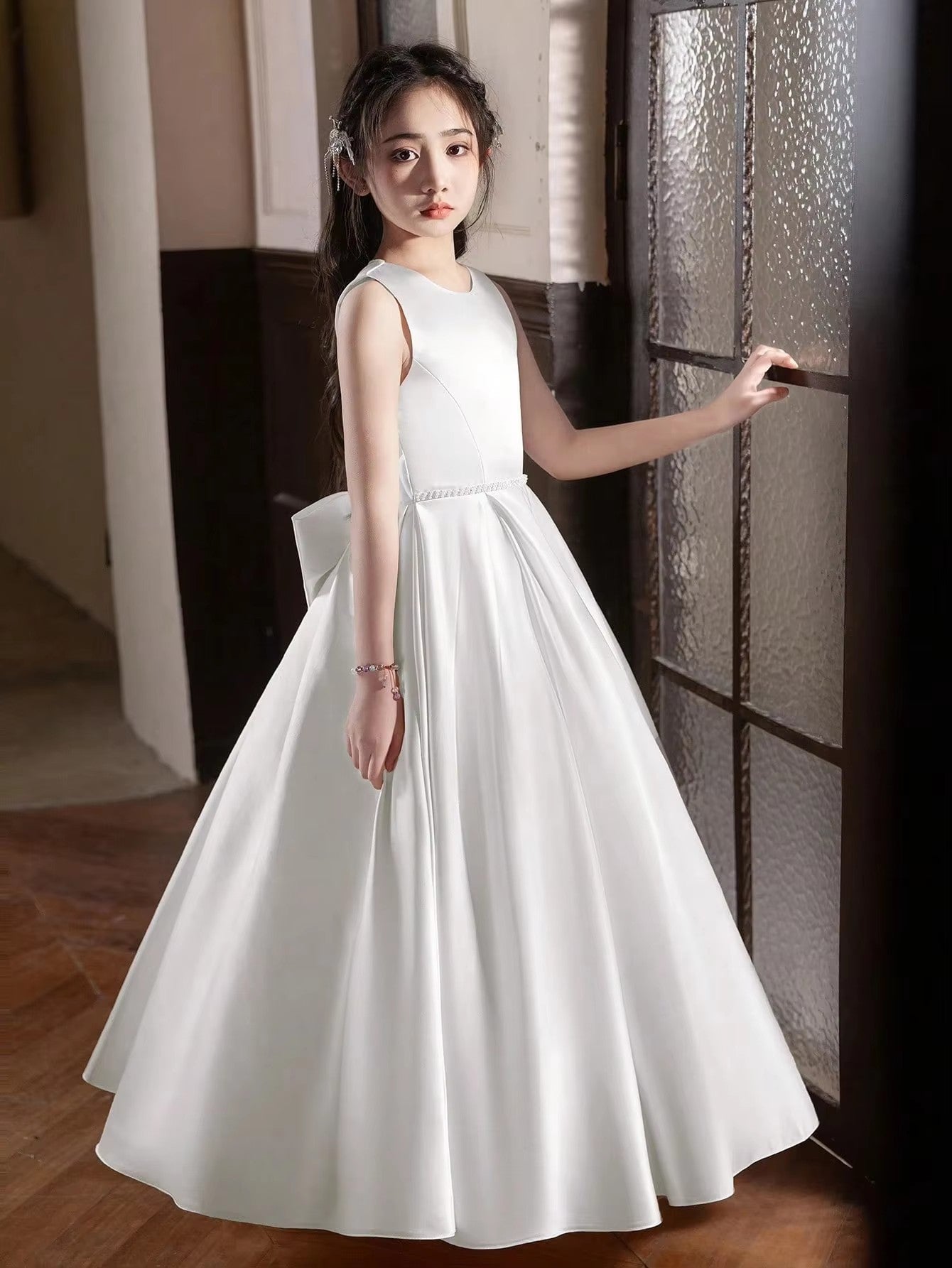 5168 Wholesale Satin White Princess Flower Girl Dress for 12 Years Old Kids Girls Wedding Graduation Party Black 14Y