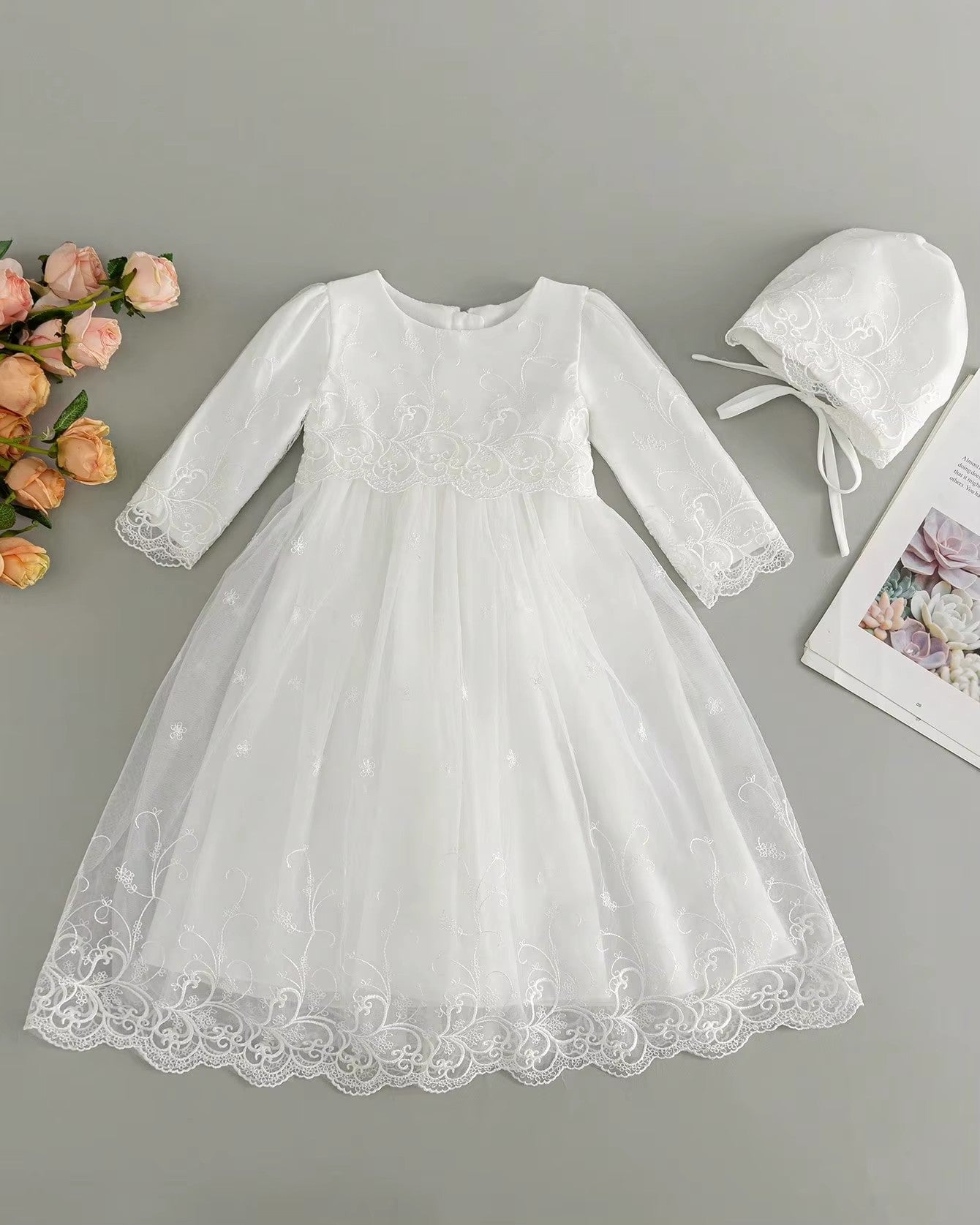 7952 New Newborn Baby Clothes Baptism Dress for Baby Girl Birthday Party White Long Sleeves Fluffy Baby Dresses 0-12 Months Suit