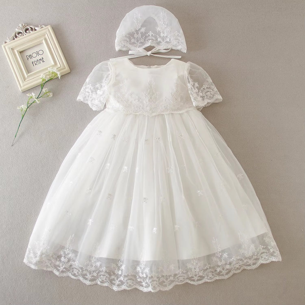 7527 Christening Fancy Outfits Luxury Bow Lace Baby Girls Tulle with Bonnet New Design Cute Embroidered Elegant Baptism Dress