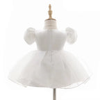 7865 Baby Girls White Satin Puff Sleeve Baptism Dress 3-24 Months Pearl Waist A-Line Christening Gown for Wedding Birthday Formal Party