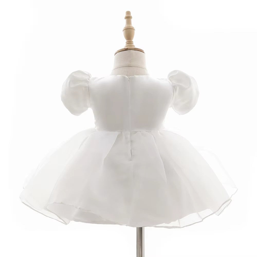 7865 Baby Girls White Satin Puff Sleeve Baptism Dress 3-24 Months Pearl Waist A-Line Christening Gown for Wedding Birthday Formal Party