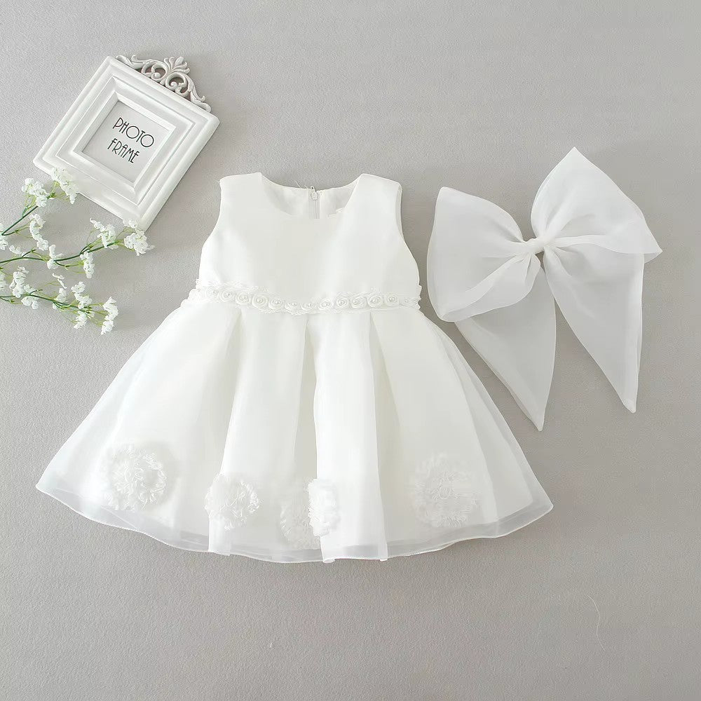 2050 Baptism Dress with Bow Newborn Girls Princess Birthday Party White Baby Dresses Fancy Frock Tutu Dress for Christening