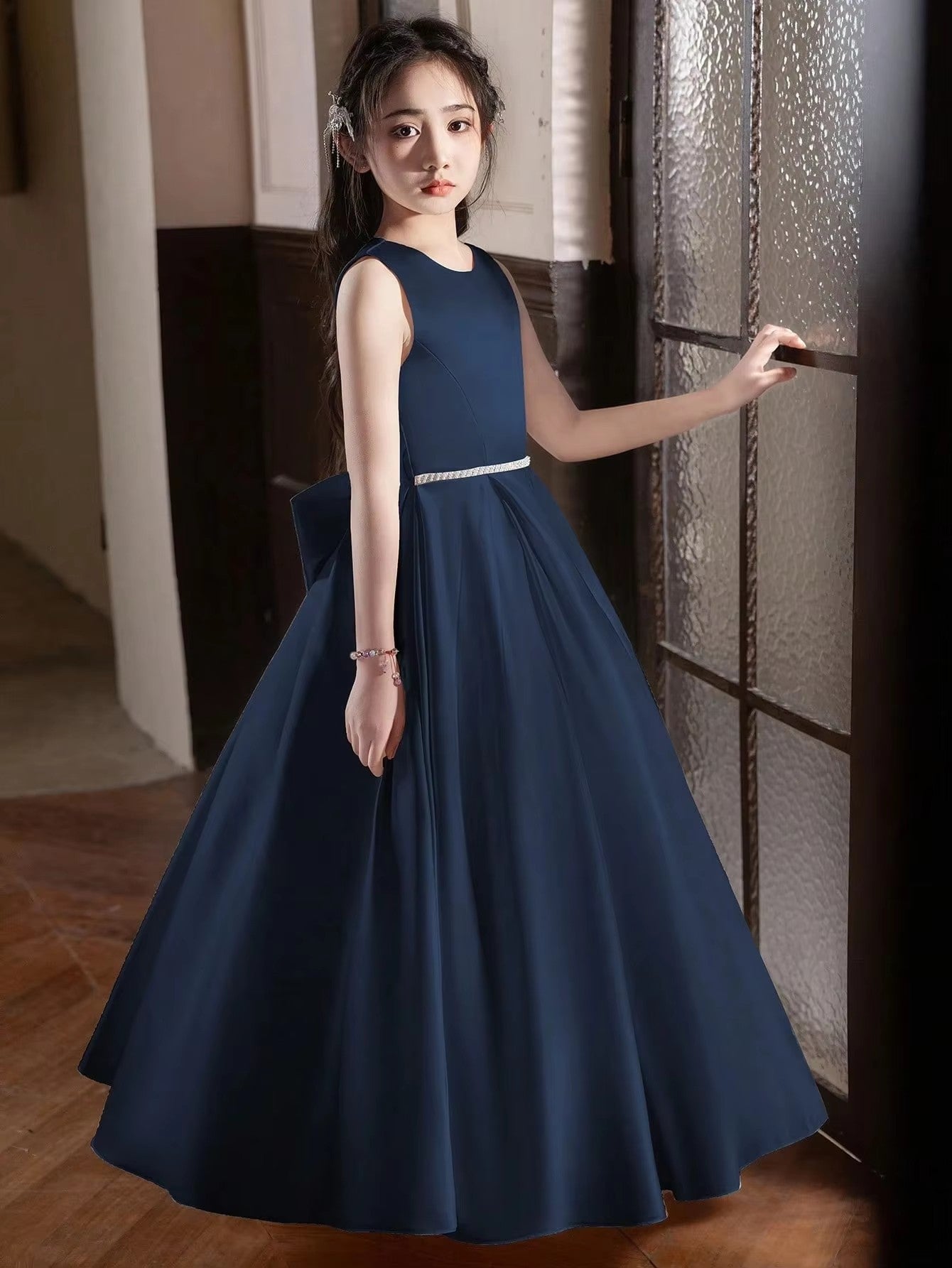 5168 Wholesale Satin Royal Blue Black Formal Evening Prom Year 6 Graduation Dresses for 11Y 12 Years Old Teen Girls