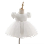 7865 Baby Girls White Satin Puff Sleeve Baptism Dress 3-24 Months Pearl Waist A-Line Christening Gown for Wedding Birthday Formal Party