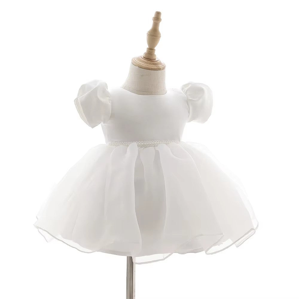 7865 Baby Girls White Satin Puff Sleeve Baptism Dress 3-24 Months Pearl Waist A-Line Christening Gown for Wedding Birthday Formal Party