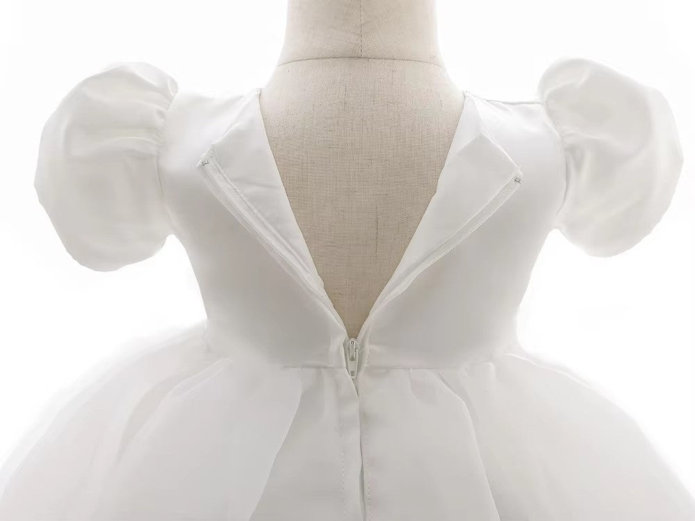 7865 Baby Girls White Satin Puff Sleeve Baptism Dress 3-24 Months Pearl Waist A-Line Christening Gown for Wedding Birthday Formal Party