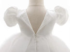 7865 Baby Girls White Satin Puff Sleeve Baptism Dress 3-24 Months Pearl Waist A-Line Christening Gown for Wedding Birthday Formal Party