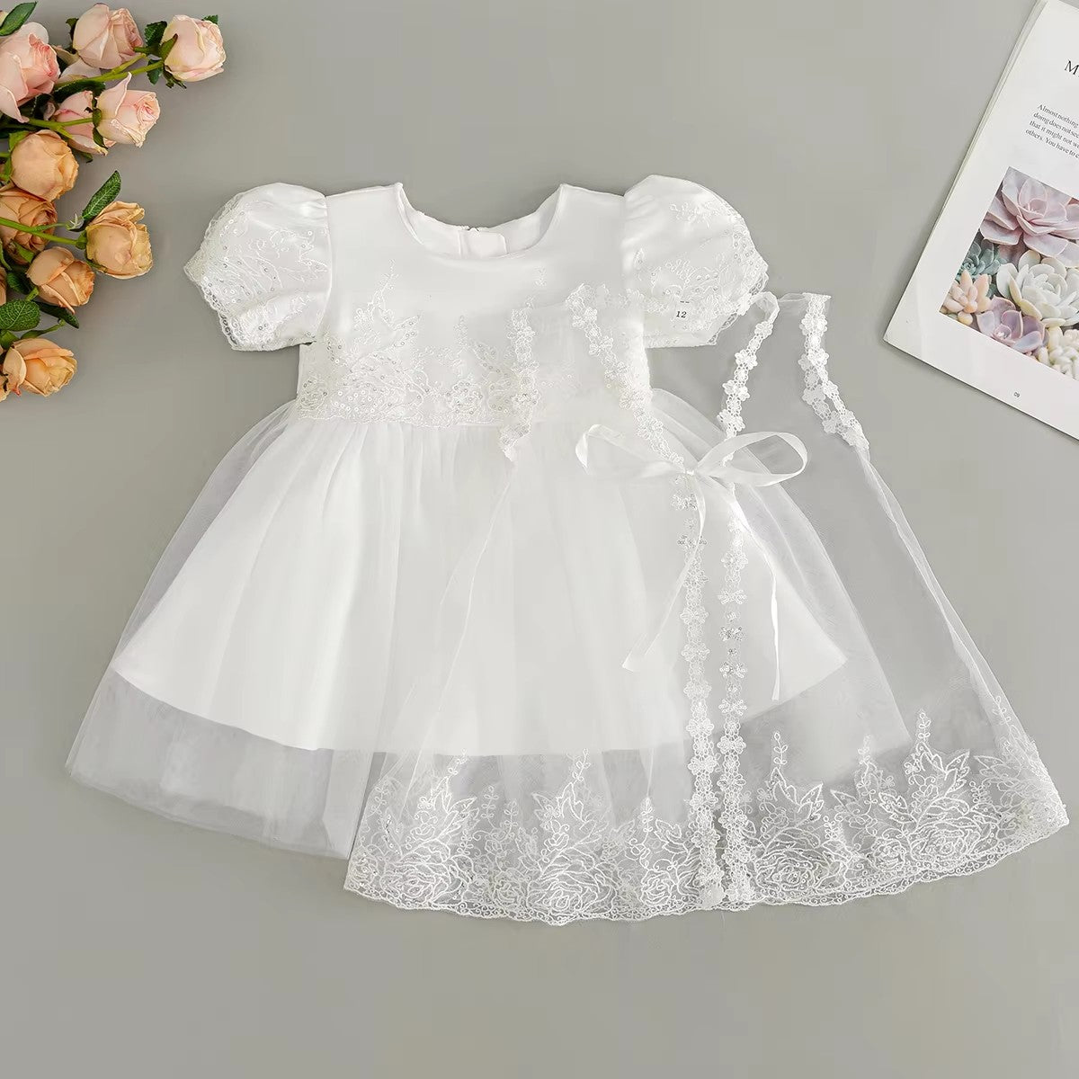 7951 Baby Girls White Sequin Lace Baptism Dress 3-24 Months Puff Sleeve Bow Tulle Christening Gown