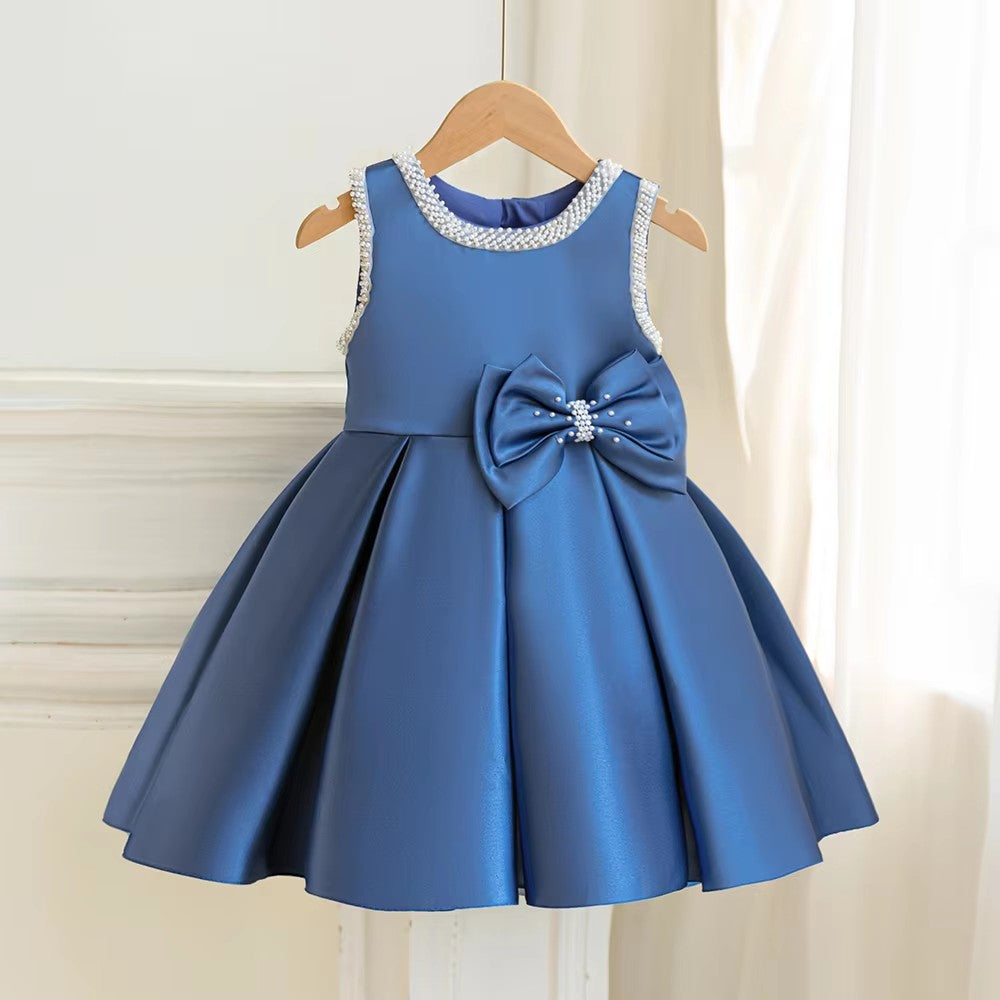 7891 Navy Blue Flower Girl Uniform Church Dress 3 Years Old Baby Girl Summer Birthday Party Wear Dress Made in China for Baby Girl