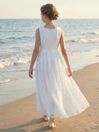5111 Wholesale Chiffon White Sleeveless Summer Princess Islamic Flower Girl Dress for 10 Years Old Girls Wedding Party Wear 16Y
