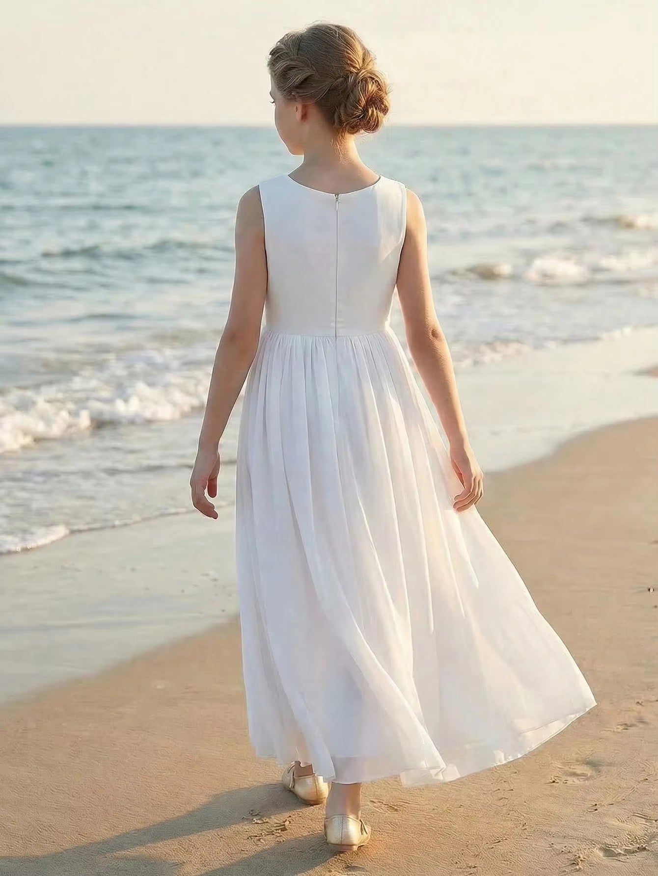 5111 Wholesale Chiffon White Sleeveless Summer Princess Islamic Flower Girl Dress for 10 Years Old Girls Wedding Party Wear 16Y