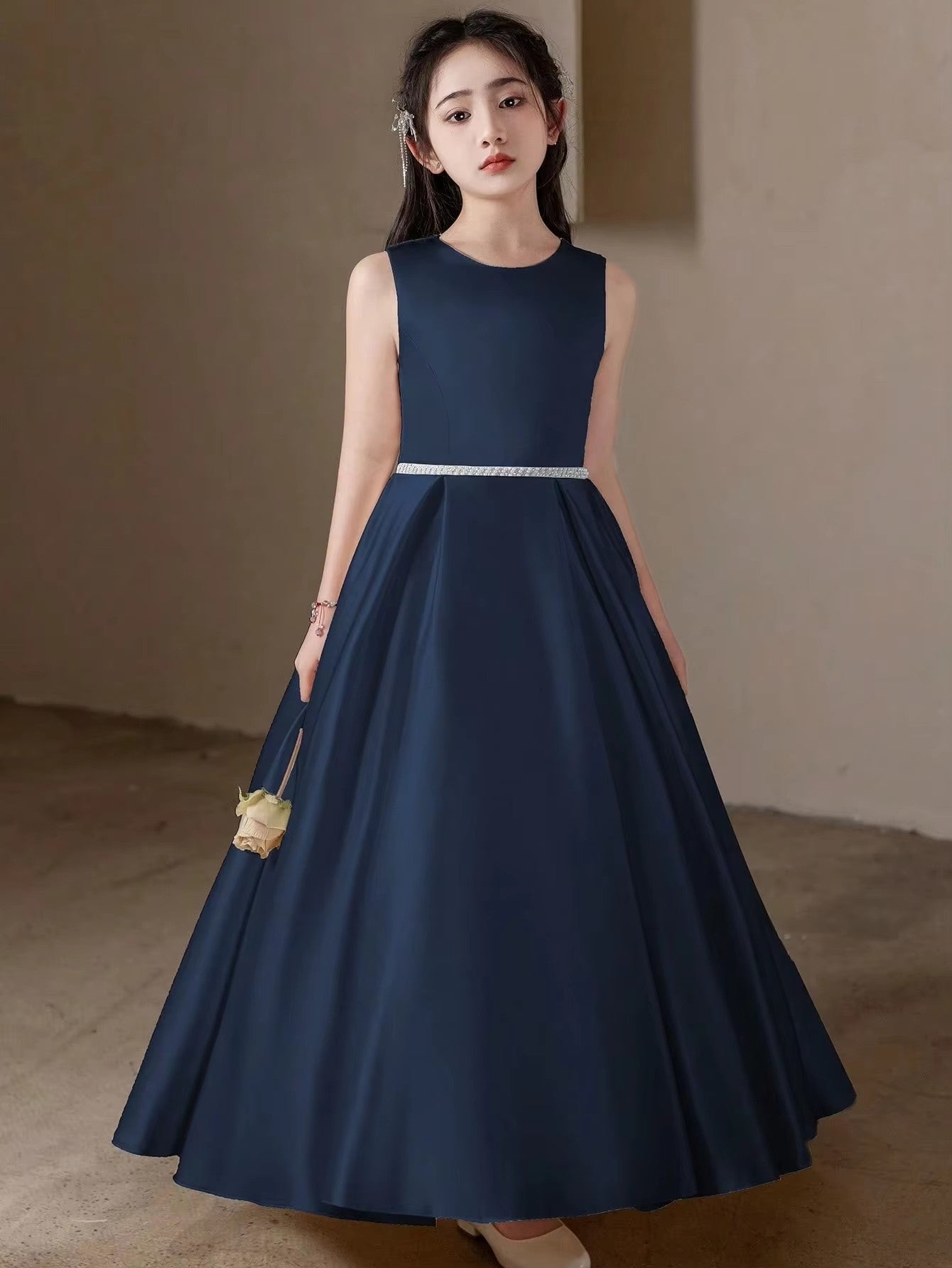 5168 Wholesale Satin Royal Blue Black Formal Evening Prom Year 6 Graduation Dresses for 11Y 12 Years Old Teen Girls