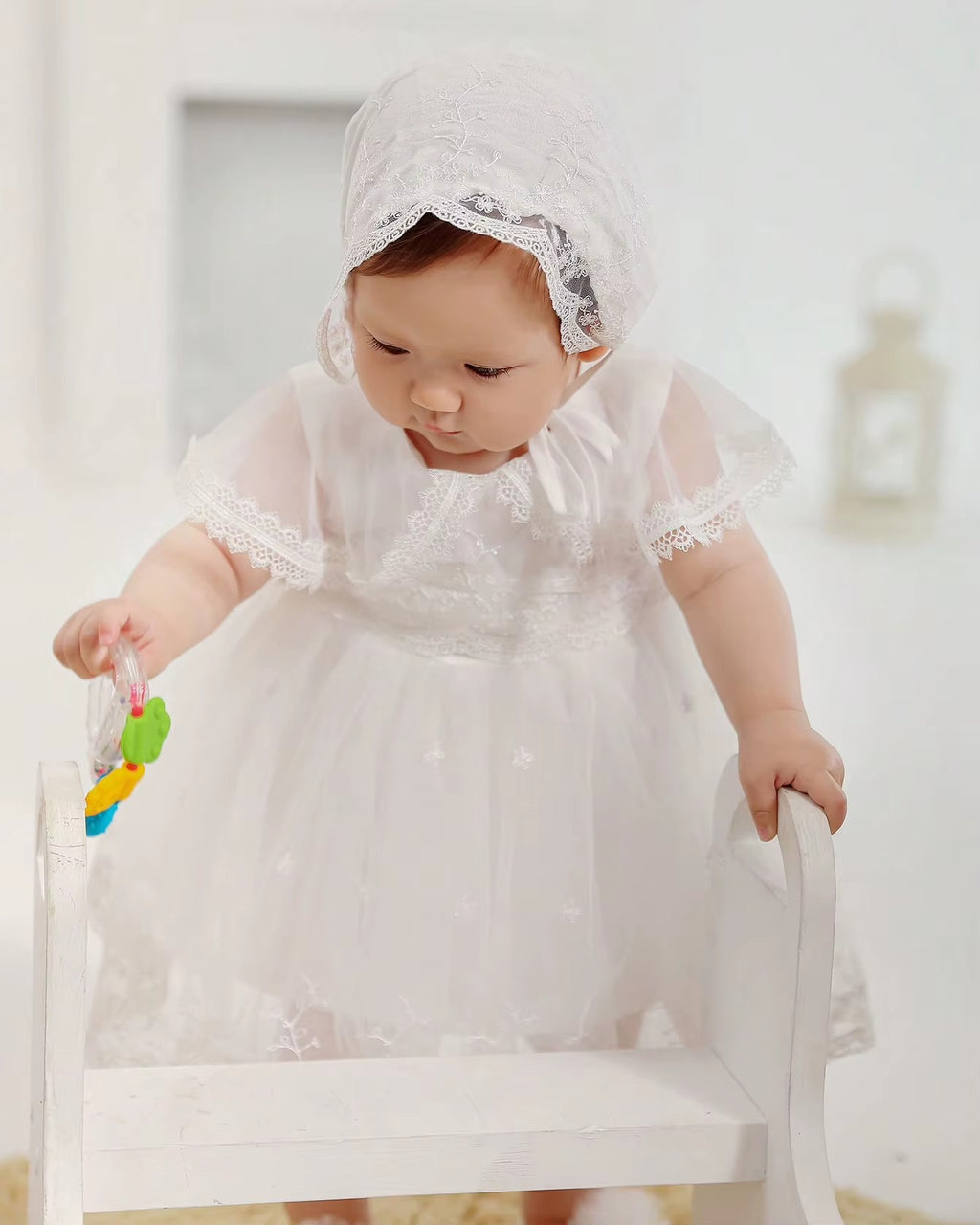 7525 Newborn Baby Christening Dress Lace Baptism Dress for Baby Girl Infant Girls' Dresses Gown White Clothing Set Frock with Hat