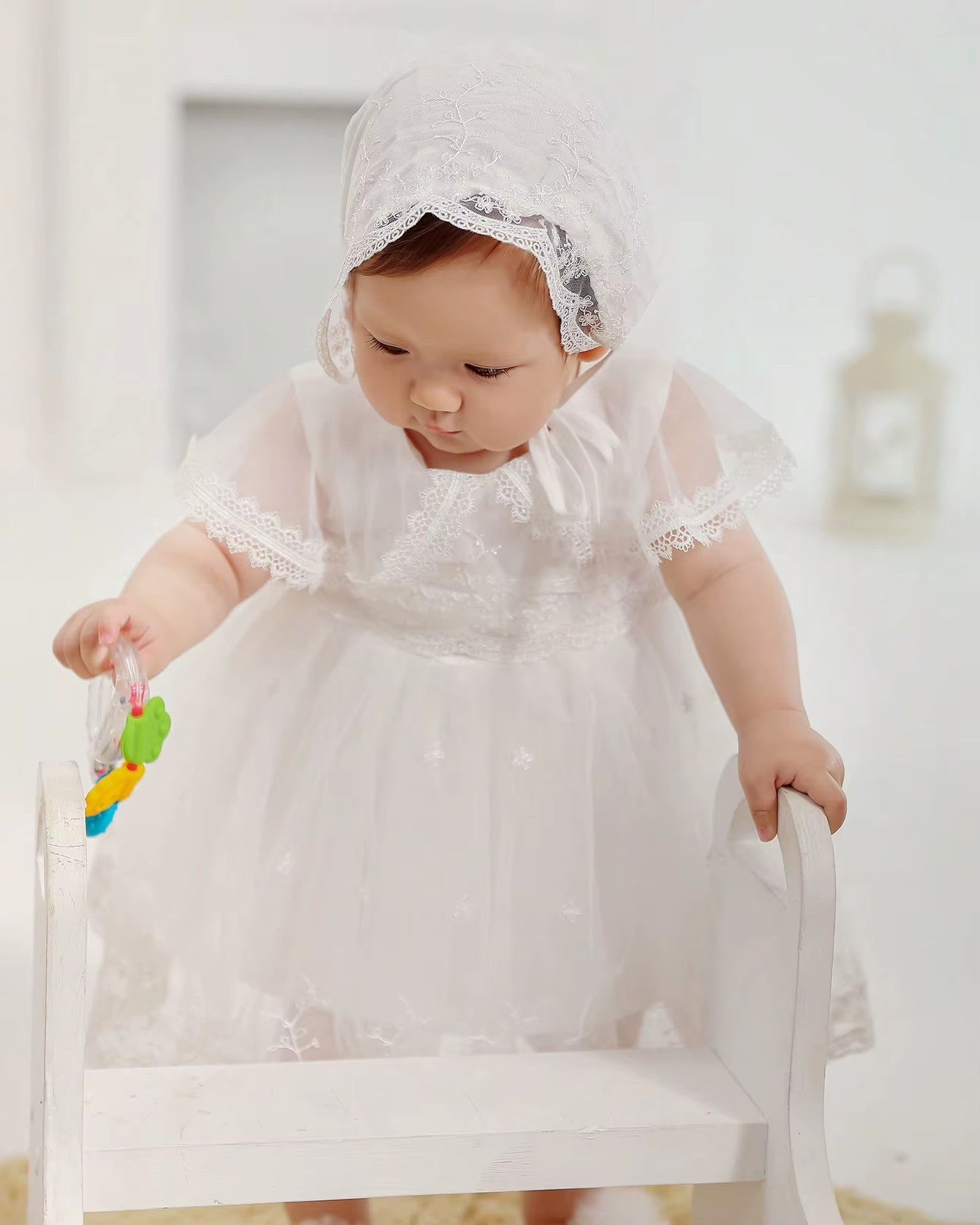 7525 Newborn Baby Christening Dress Lace Baptism Dress for Baby Girl Infant Girls' Dresses Gown White Clothing Set Frock with Hat