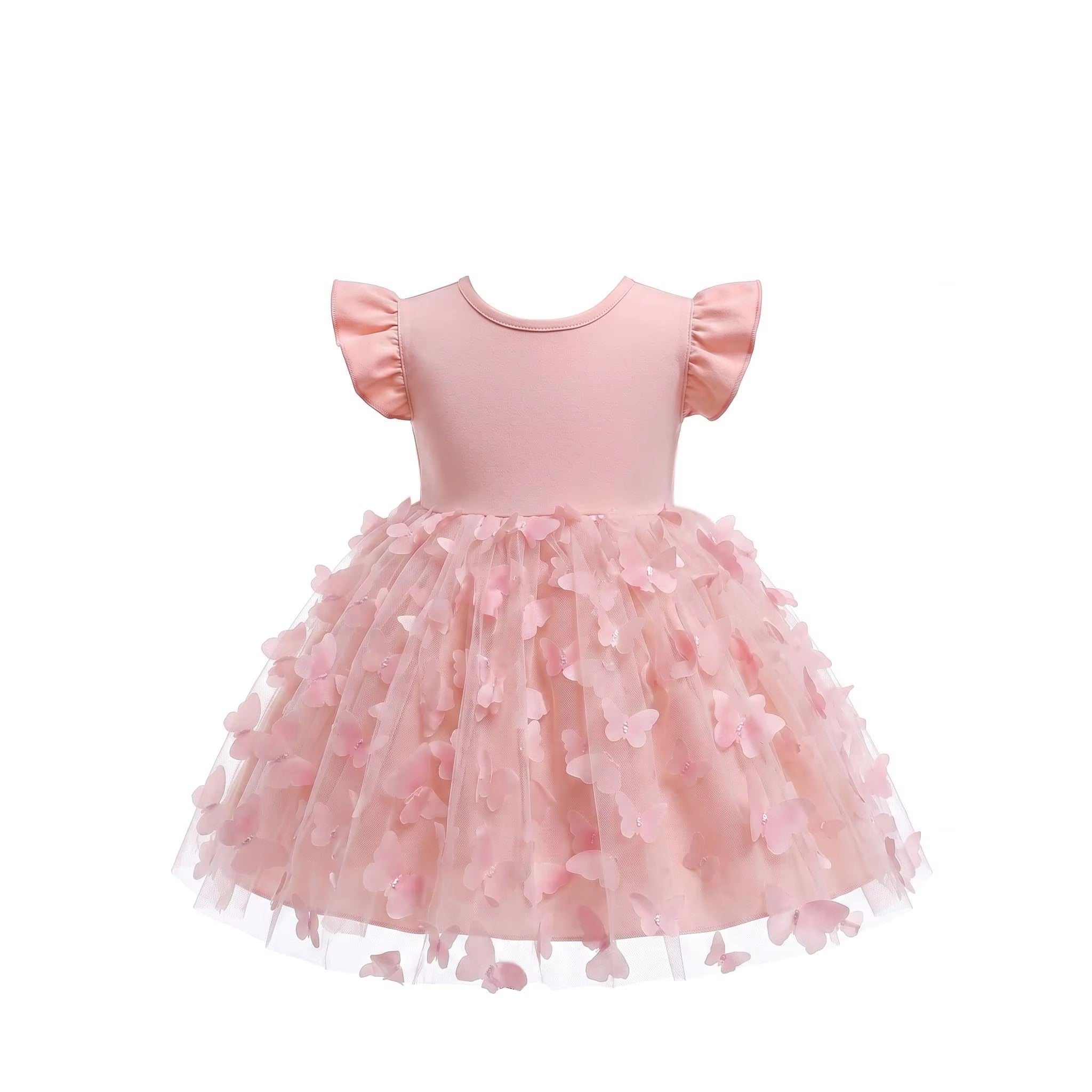 5365 Pink Baby Girl Tulle Romper Dress Tutu Bodysuit Big Bow Flutter Sleeve Birthday Party Outfit 3D Butterfly Cute 3 Months to 3T