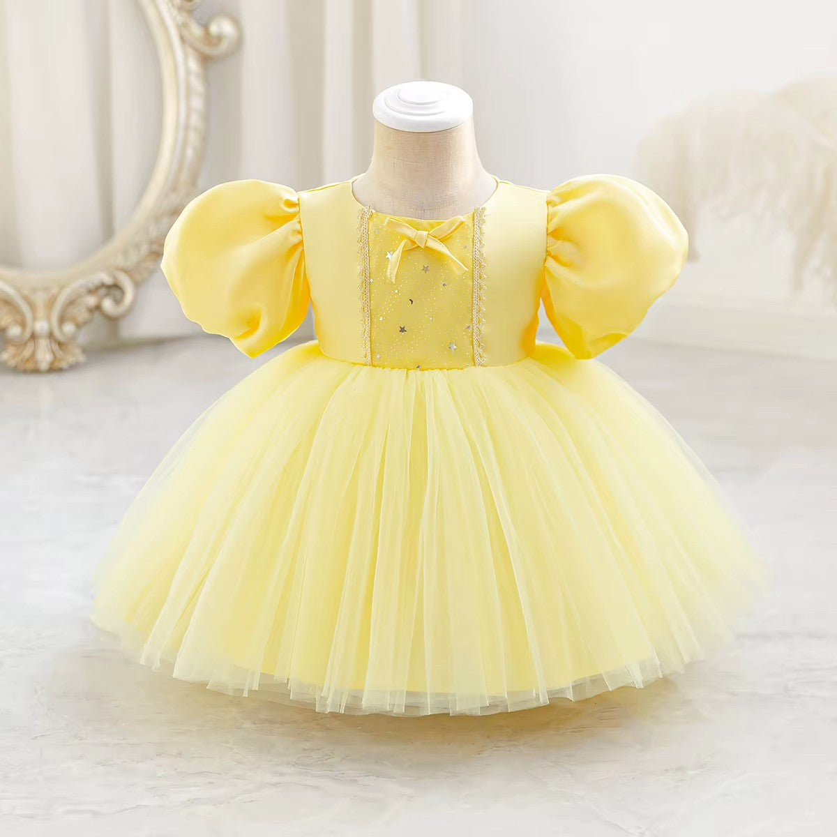 6269 Wholesale Yellow Flower Girl Tutu Princess Dress Newborn Baby Girl 1st Birthday Dress for 2Y Toddler Girls Summer Party Wear