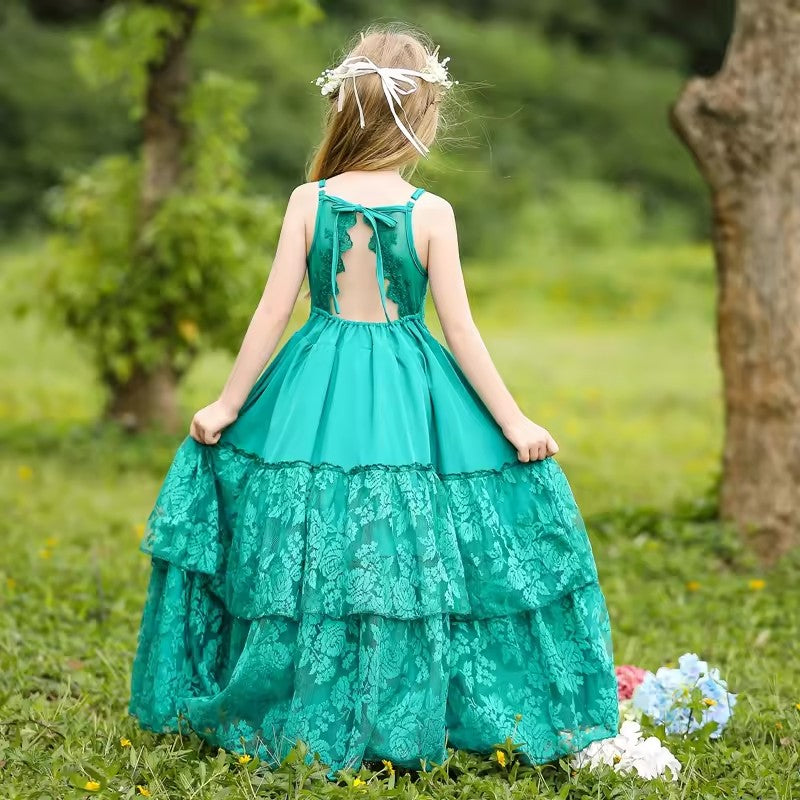 7686 Flower Girl Dresses for Lace Boho Formal Birthday Party Long Tulle Backless Ball Gown Kid Elegant Princess Ruffles New Dress