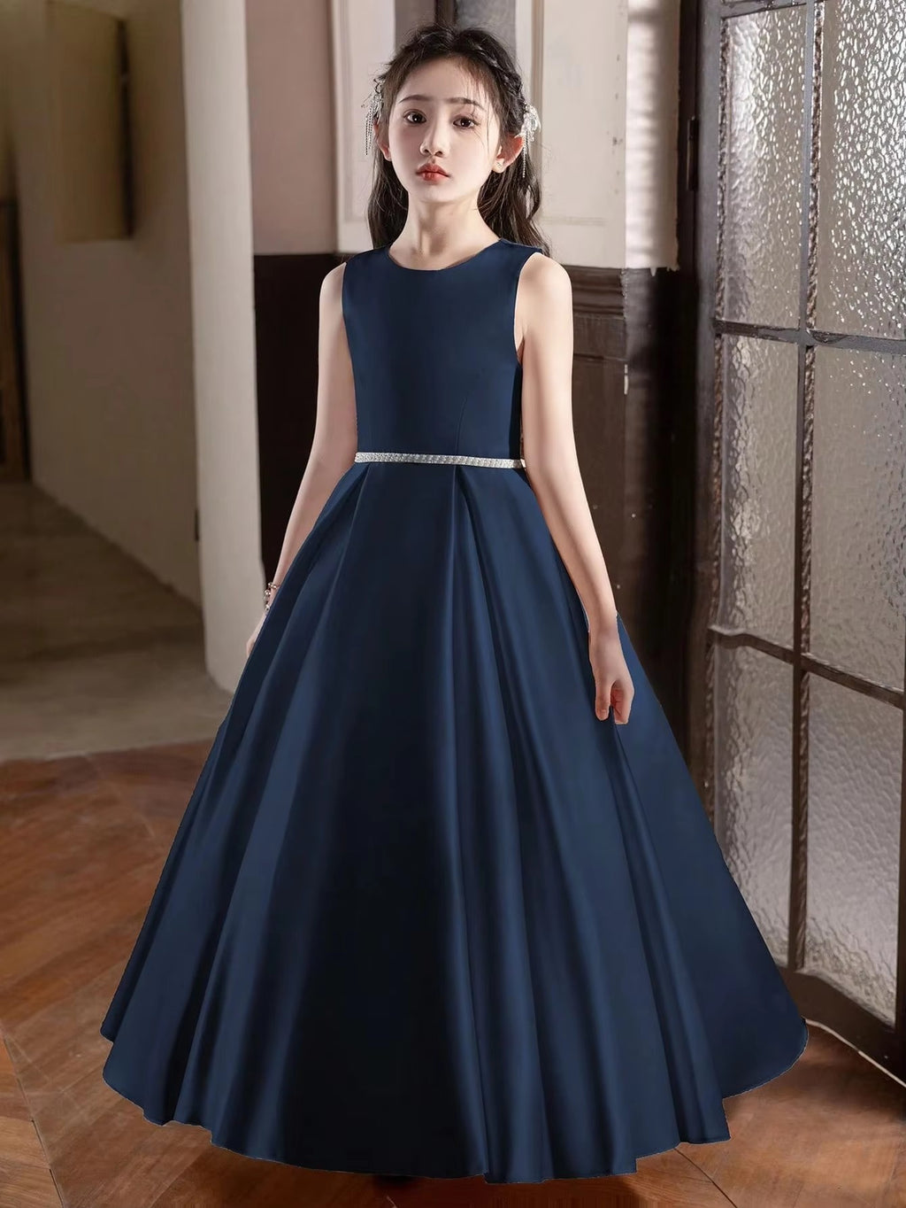 5168 Wholesale Satin Royal Blue Black Formal Evening Prom Year 6 Graduation Dresses for 11Y 12 Years Old Teen Girls