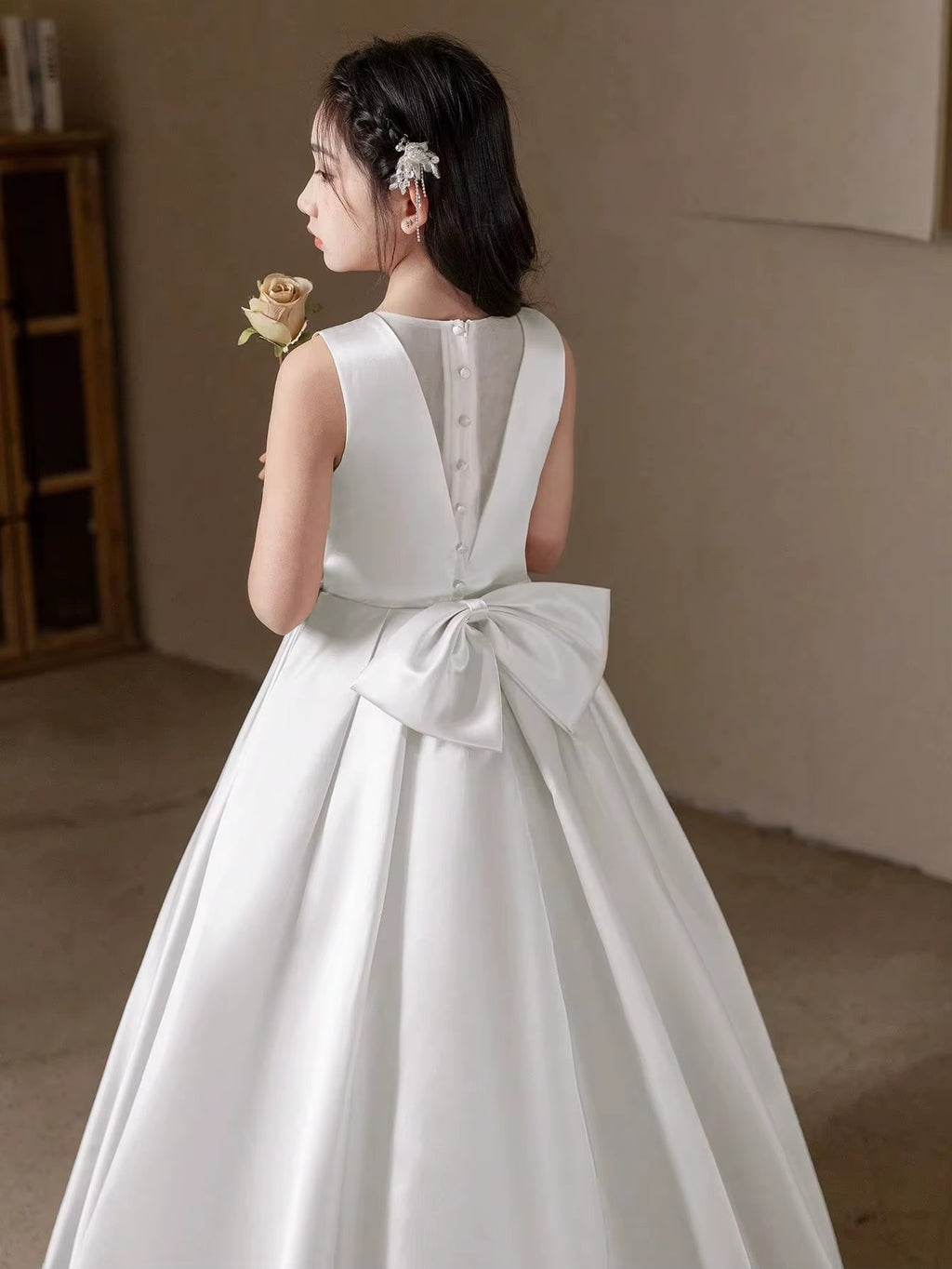 5168 Wholesale Satin White Princess Flower Girl Dress for 12 Years Old Kids Girls Wedding Graduation Party Black 14Y