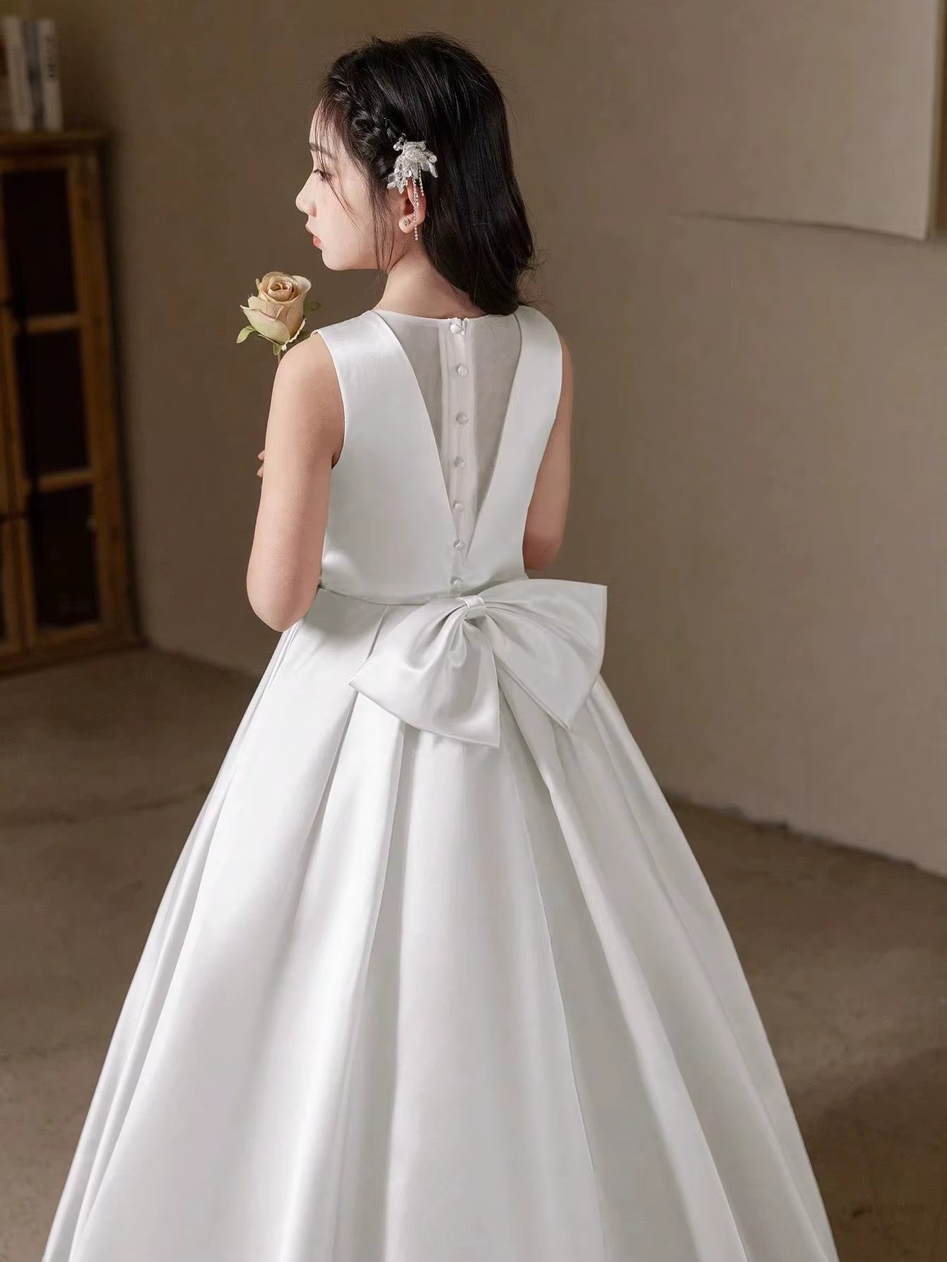 5168 Wholesale Satin White Princess Flower Girl Dress for 12 Years Old Kids Girls Wedding Graduation Party Black 14Y