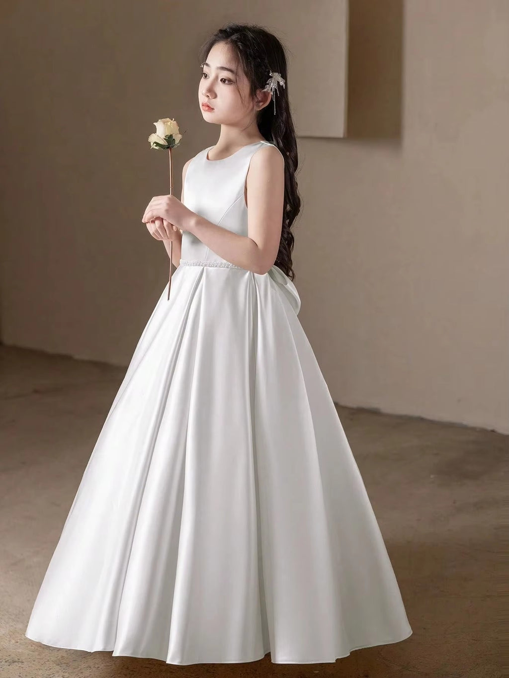 5168 Wholesale Satin White Princess Flower Girl Dress for 12 Years Old Kids Girls Wedding Graduation Party Black 14Y