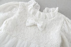 9708 Baby Baptism Wedding Party Dresses Lace Comfortable Tulle Bow Decoration Long Sleeves 2pcs Set with Hood