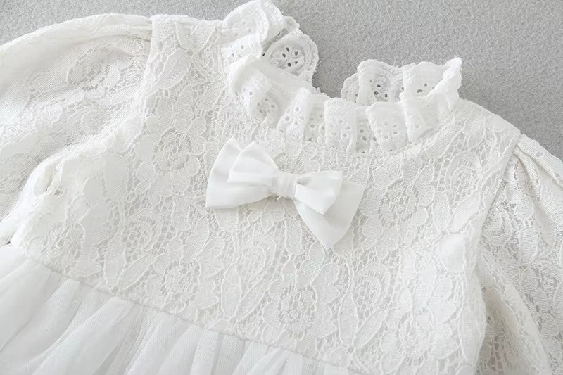 9708 Baby Baptism Wedding Party Dresses Lace Comfortable Tulle Bow Decoration Long Sleeves 2pcs Set with Hood
