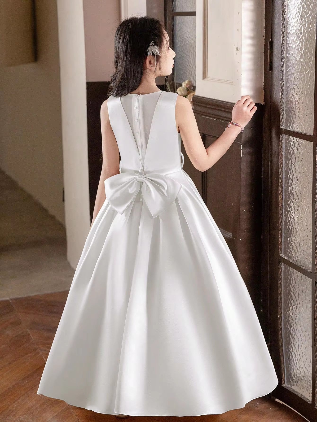 5168 Wholesale Satin White Princess Flower Girl Dress for 12 Years Old Kids Girls Wedding Graduation Party Black 14Y