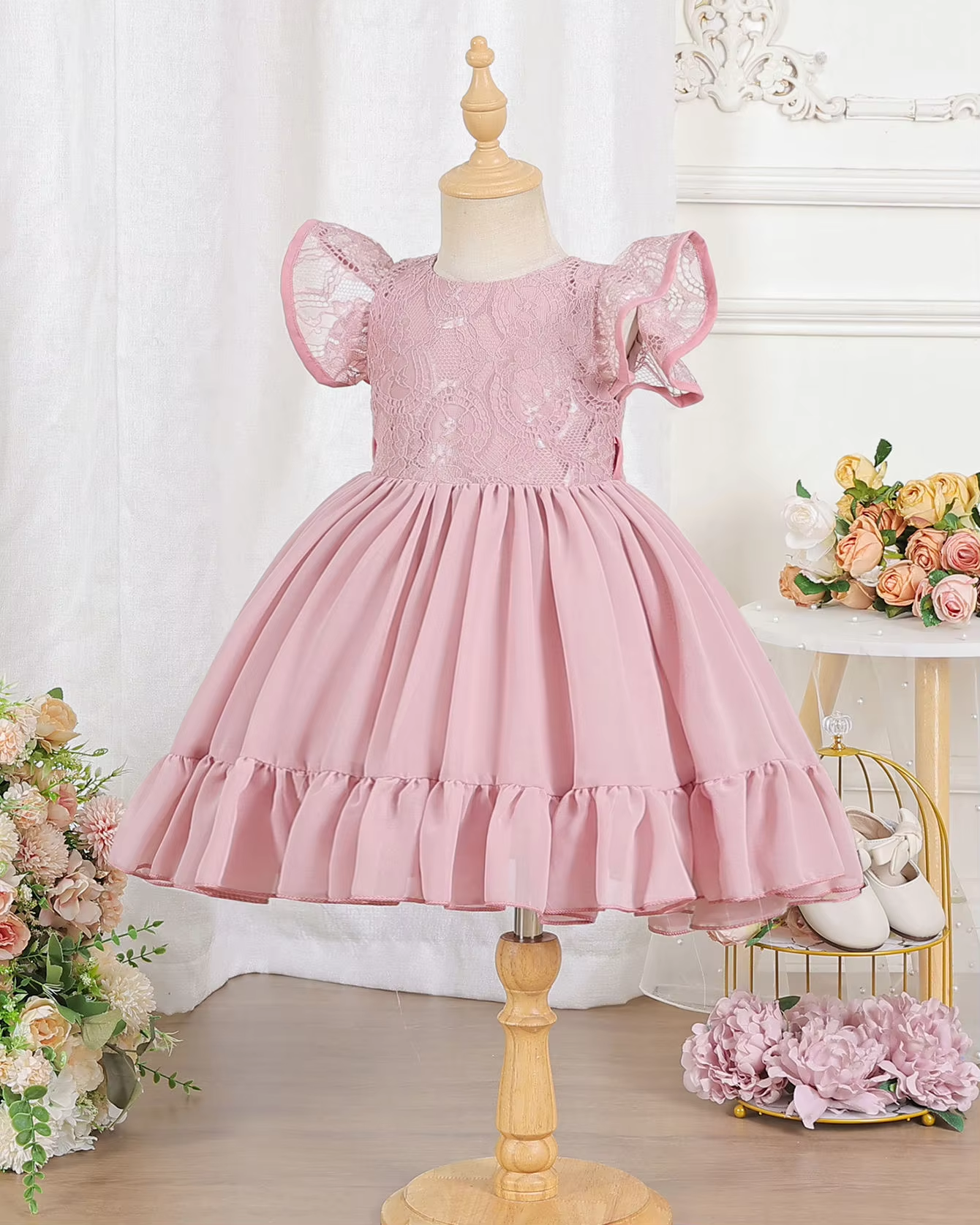 5179 Summer Lace Wedding Little Girl Dress Princess Short Sleeve Birthday Party Frock Hot Sale Girls Dresses 3-7 Years