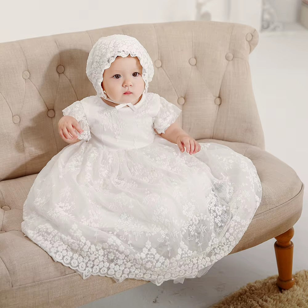 7696 Toddler Girls Dresses White Floral Baptism Christening Wedding Dress Baby Girl Frock Outfit With Bonnet