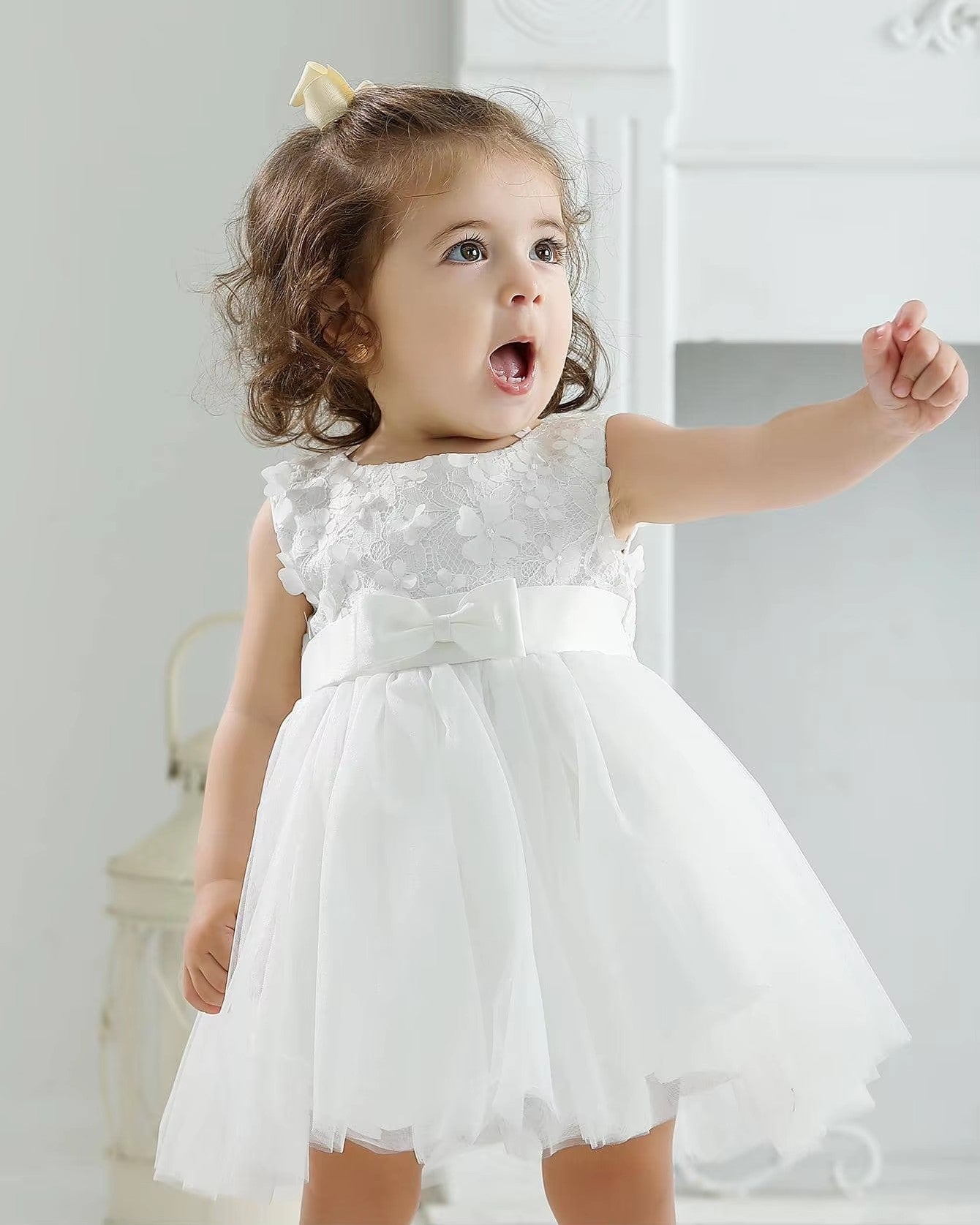 6109 High Quality Boutique Kids Toddler Lace Flower Party Dress Big Bow Baby Girl Dresses Princess White Girl Dress