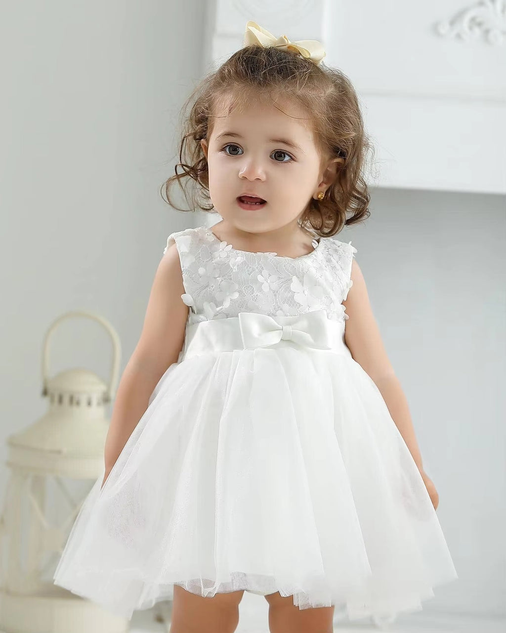 6109 High Quality Boutique Kids Toddler Lace Flower Party Dress Big Bow Baby Girl Dresses Princess White Girl Dress