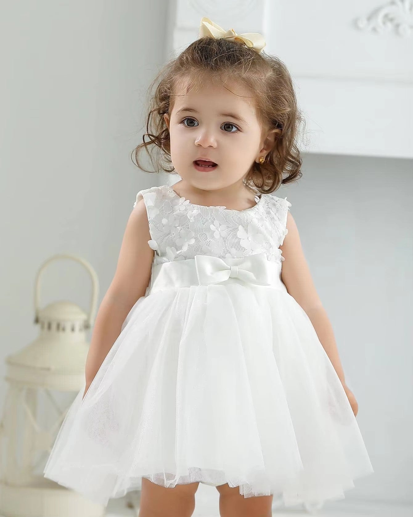 6109 High Quality Boutique Kids Toddler Lace Flower Party Dress Big Bow Baby Girl Dresses Princess White Girl Dress