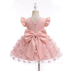 5365 Pink Baby Girl Tulle Romper Dress Tutu Bodysuit Big Bow Flutter Sleeve Birthday Party Outfit 3D Butterfly Cute 3 Months to 3T