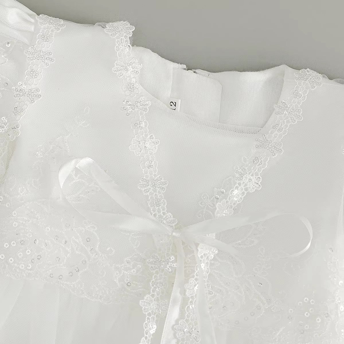 7951 Baby Girls White Sequin Lace Baptism Dress 3-24 Months Puff Sleeve Bow Tulle Christening Gown