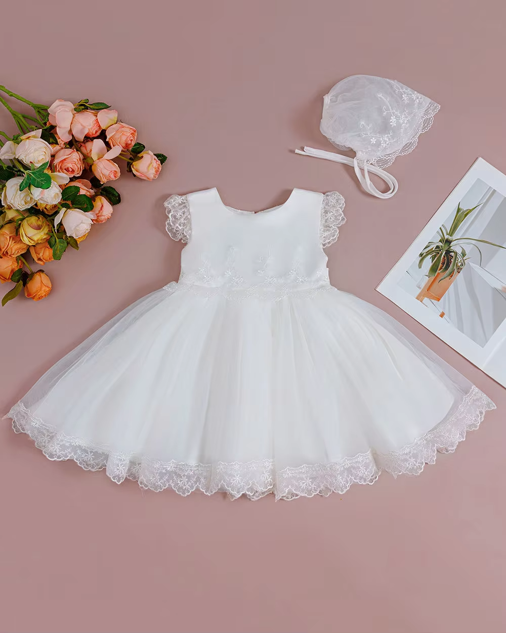 5199 Baby White Frill Dress Christening Pattern Wedding Birthday Princess Dress 9-12M Soft Infant Girl Party Clothes with Hat