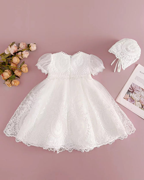 5082 Baptism Baby Girl Dresses Lace Baby Frocks Party Wear Floral Gown with Bonnet Summer Infant Clothing