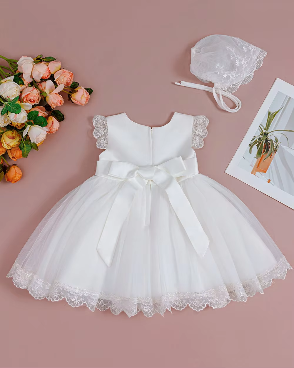 5199 Baby White Frill Dress Christening Pattern Wedding Birthday Princess Dress 9-12M Soft Infant Girl Party Clothes with Hat