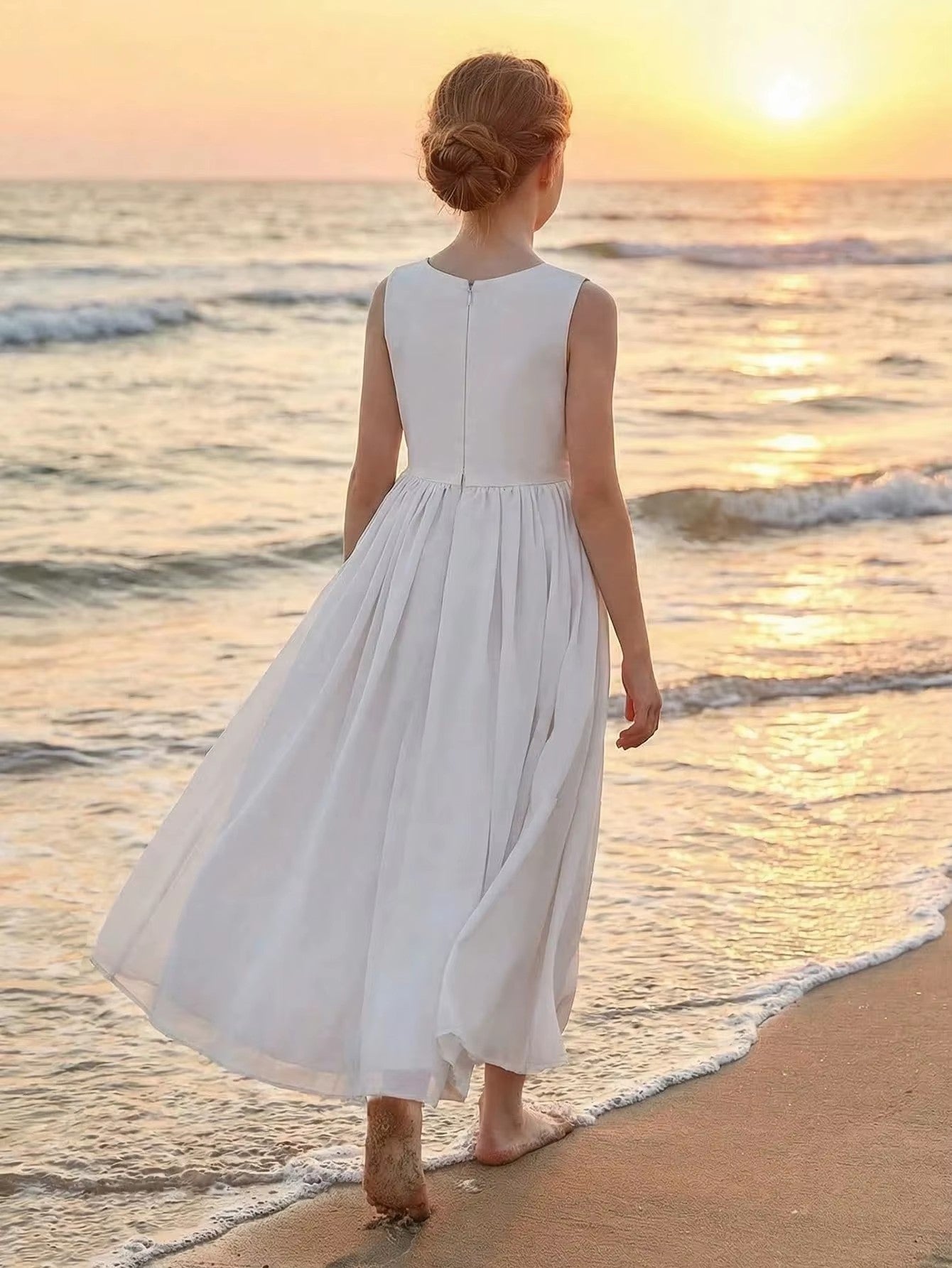 5111 Wholesale Chiffon White Sleeveless Summer Princess Islamic Flower Girl Dress for 10 Years Old Girls Wedding Party Wear 16Y
