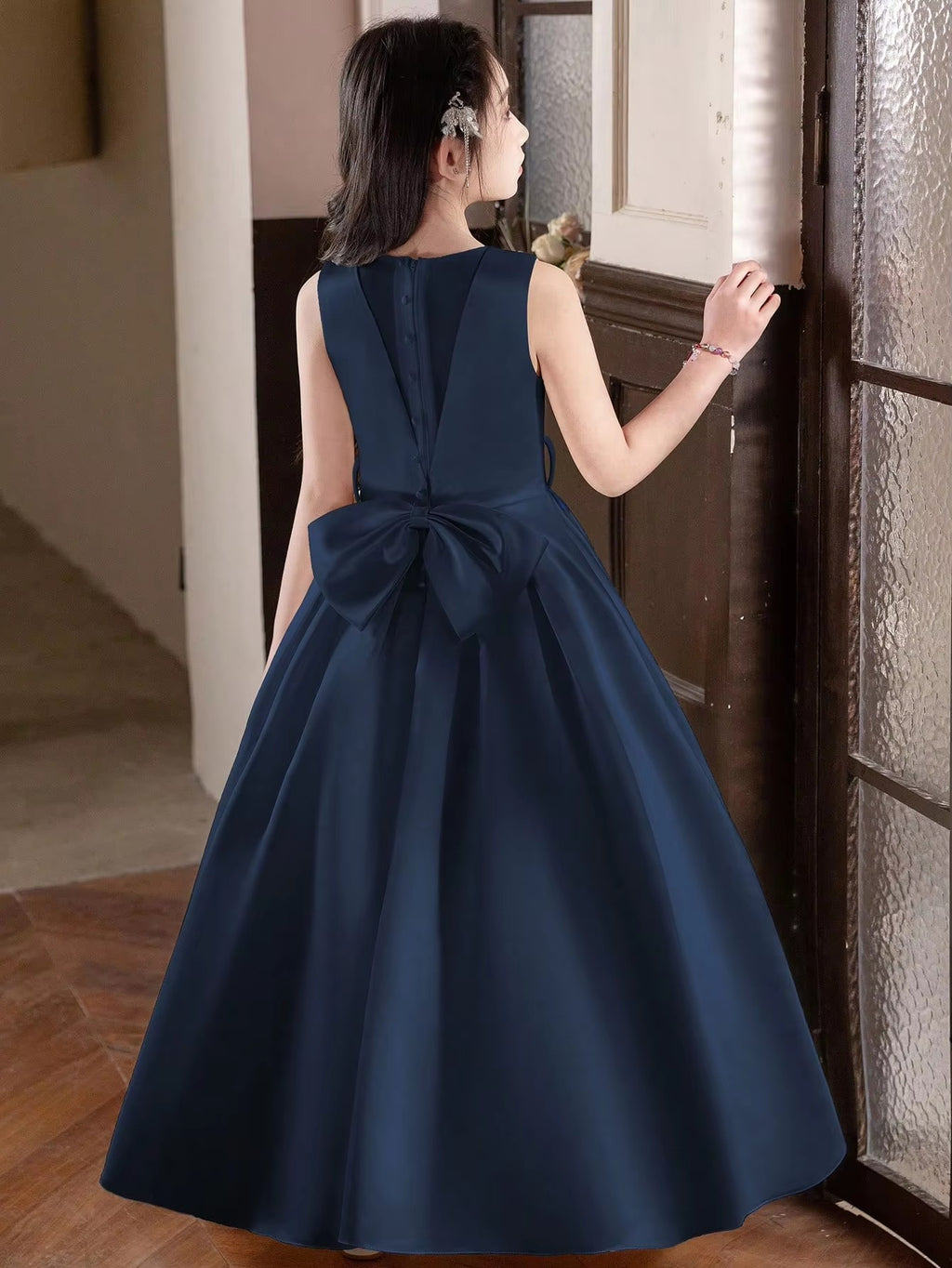 5168 Wholesale Satin Royal Blue Black Formal Evening Prom Year 6 Graduation Dresses for 11Y 12 Years Old Teen Girls
