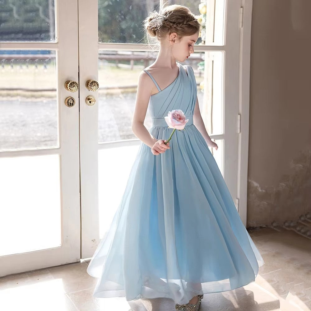 5155 Wholesale 6-11Y Korean Elegant Girls Summer Chiffon Off Shoulder Dress Kids Birthday Graduation Party Evening Children Dresses