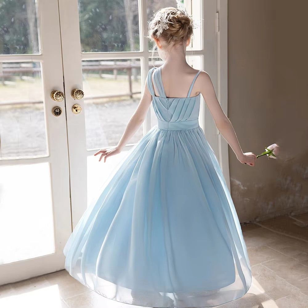 5155 Wholesale 6-11Y Korean Elegant Girls Summer Chiffon Off Shoulder Dress Kids Birthday Graduation Party Evening Children Dresses