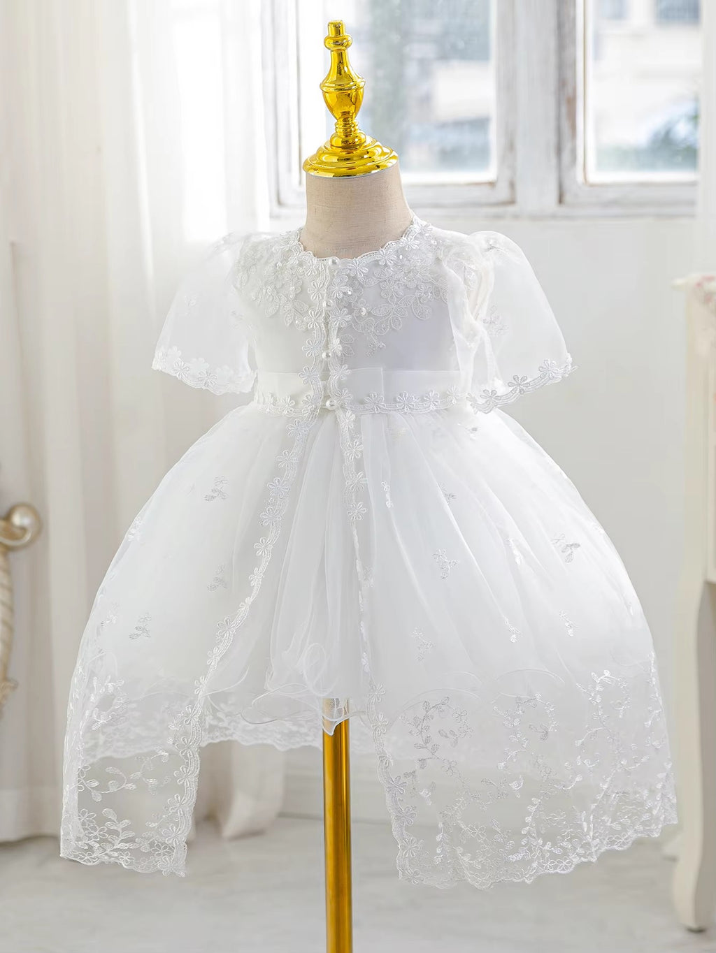 6156 Christening Dress for Baby Girl Baptism White Dresses for Infant Lace Embroidered Tulle Formal Wedding Newborn Baby Clothes