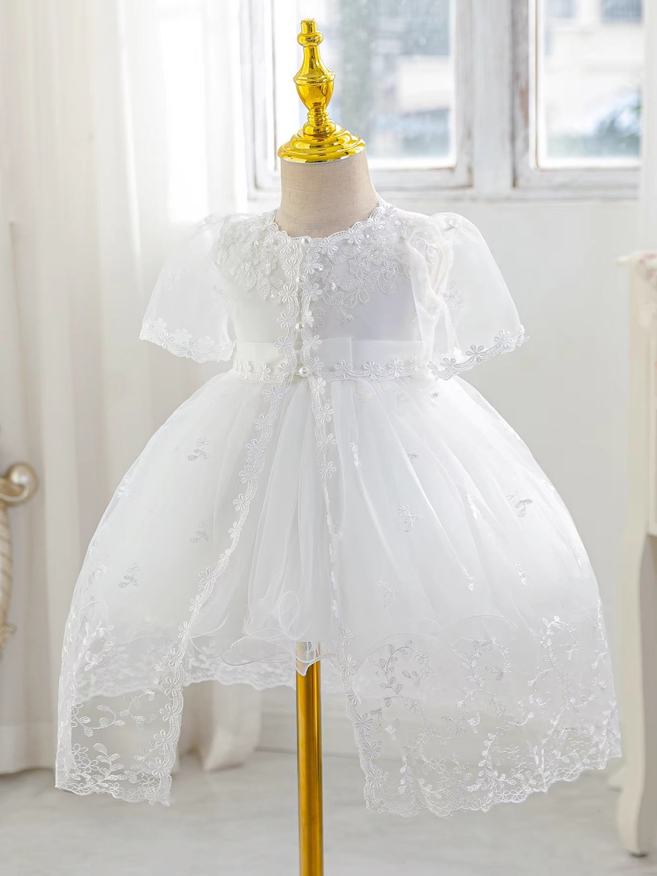 6156 Christening Dress for Baby Girl Baptism White Dresses for Infant Lace Embroidered Tulle Formal Wedding Newborn Baby Clothes