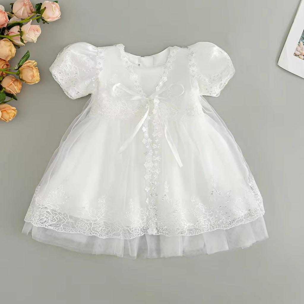 7951 Baby Girls White Sequin Lace Baptism Dress 3-24 Months Puff Sleeve Bow Tulle Christening Gown