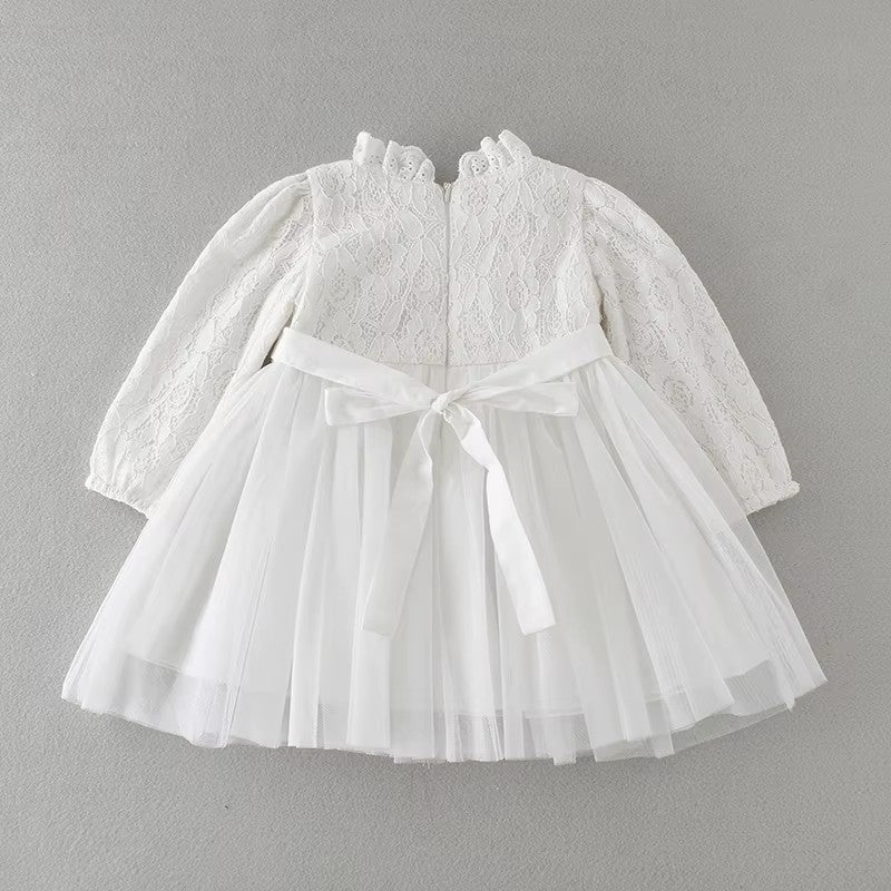 9708 Baby Baptism Wedding Party Dresses Lace Comfortable Tulle Bow Decoration Long Sleeves 2pcs Set with Hood