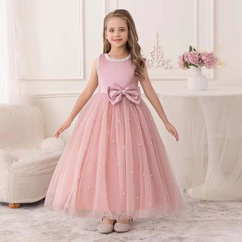 5087 Girls Pink Pageant Dress Sleeveless Pearls Tulle Flower Girl Dresses Big Bow Formal Wedding Birthday Party Princess Gown for 5-11 Years Old Kids