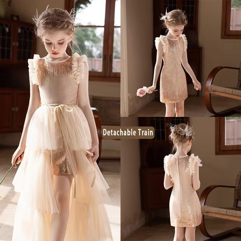 5152 Kids Clothing Girls Dresses Korean Style Princess Dress Sequin Skirt Wedding Flower Girl Dress Performance Wear for 10-11Years